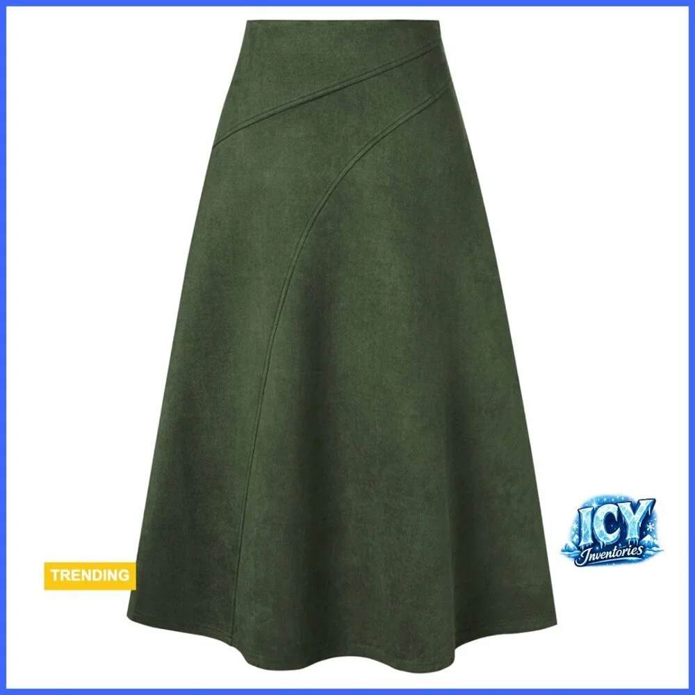 Faux Suede Midi Skirt High Waist A-Line Fall Winter Regular Fit